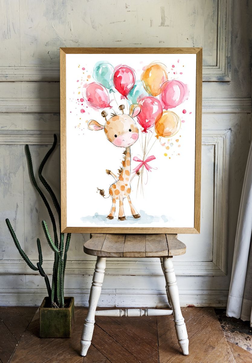 Giraffe with Balloons Illustration Poster. room preview