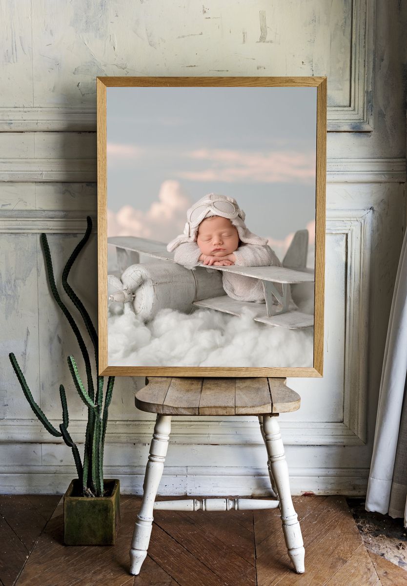 Sleeping Baby Aviator Nursery Print. room preview