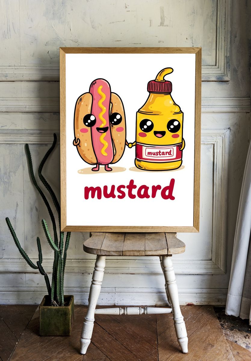 Cute Hot Dog and Mustard Illustration Poster. — room view 1