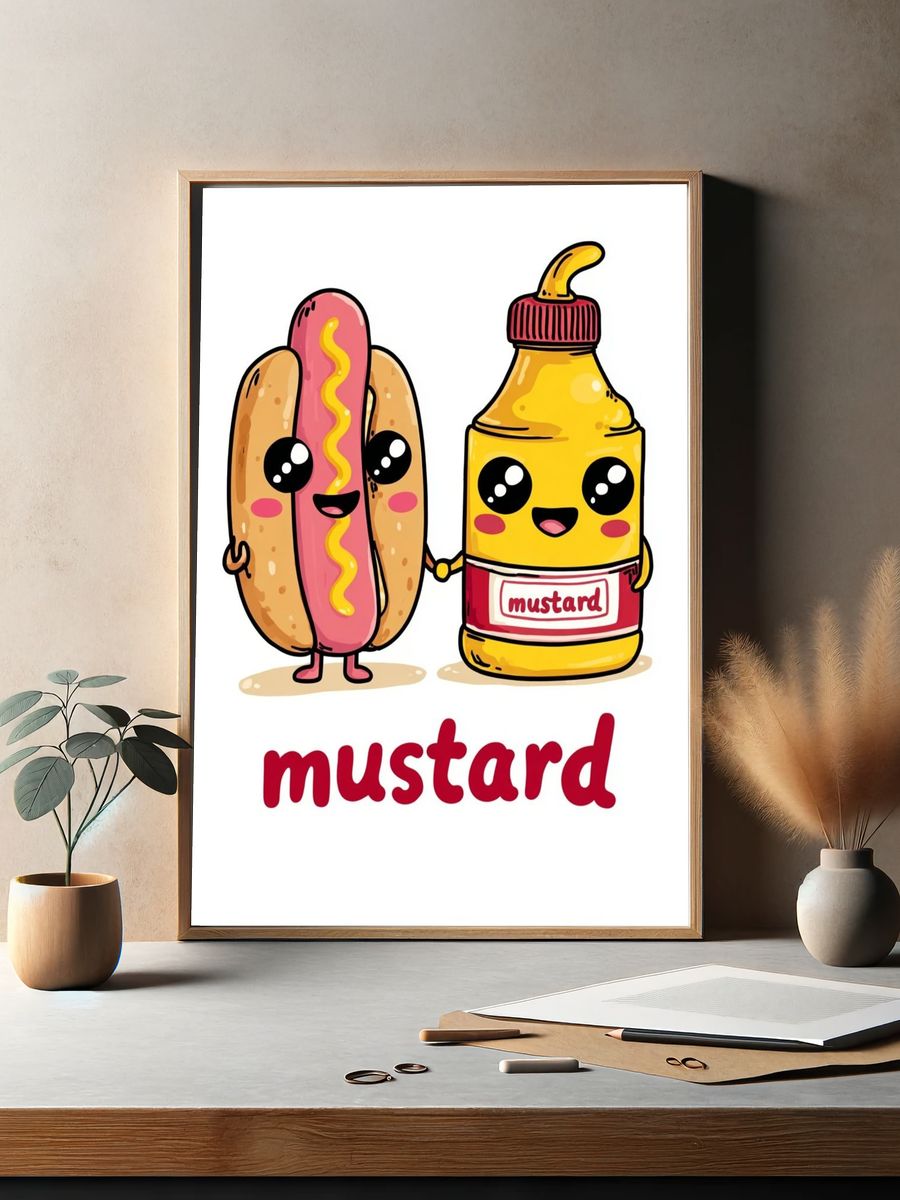 Cute Hot Dog and Mustard Illustration Poster. — room view 2