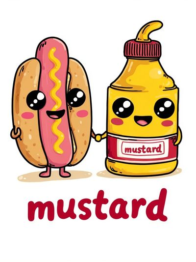 Cute Hot Dog and Mustard Illustration Poster. poster print
