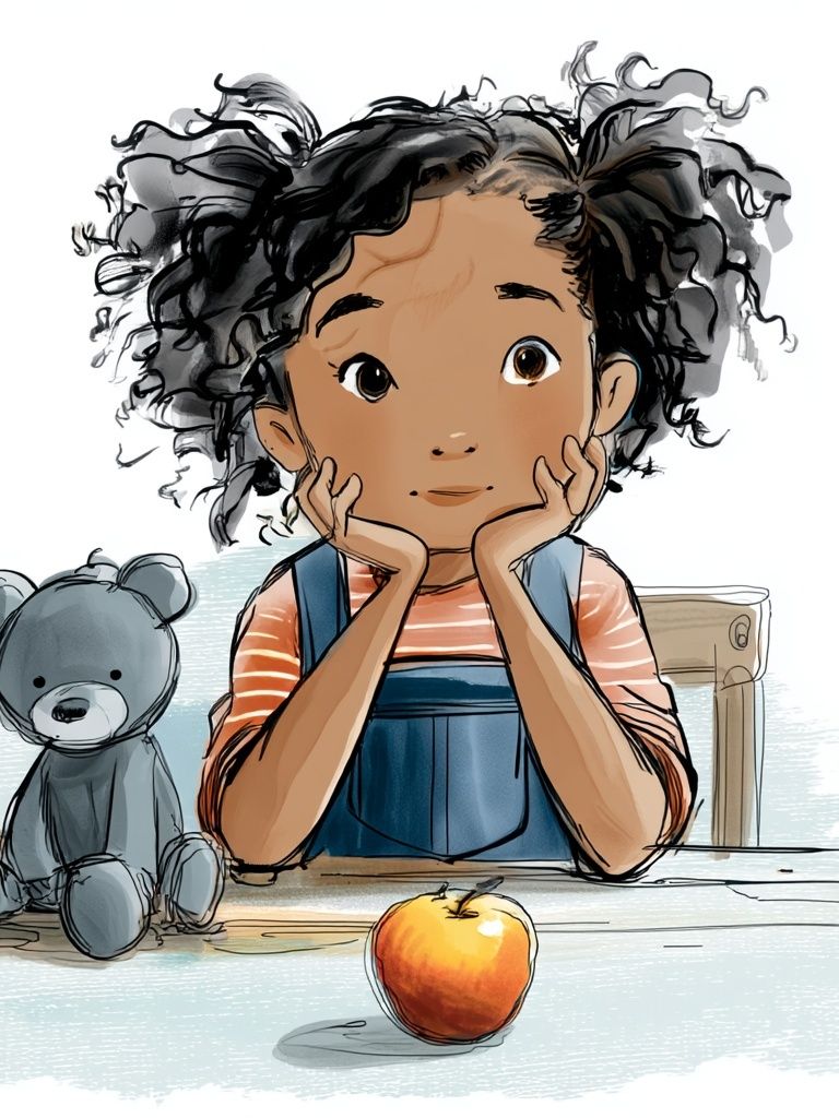 Thoughtful Girl with Teddy Bear — Illustration Print. poster detail