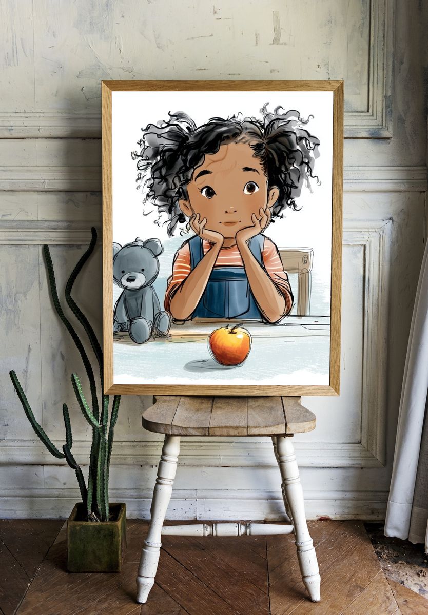 Thoughtful Girl with Teddy Bear — Illustration Print. — room view 1