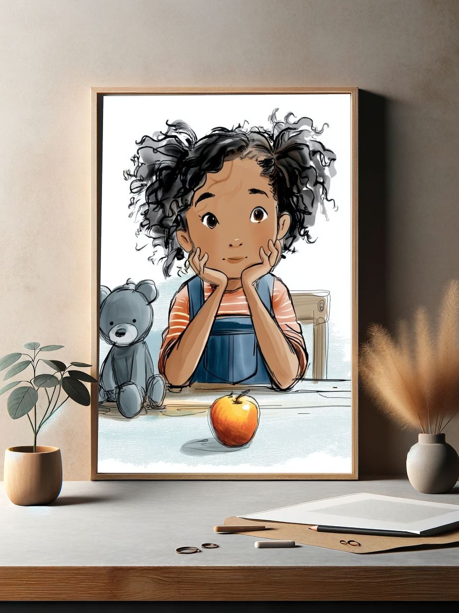 Thoughtful Girl with Teddy Bear — Illustration Print. — room view 2