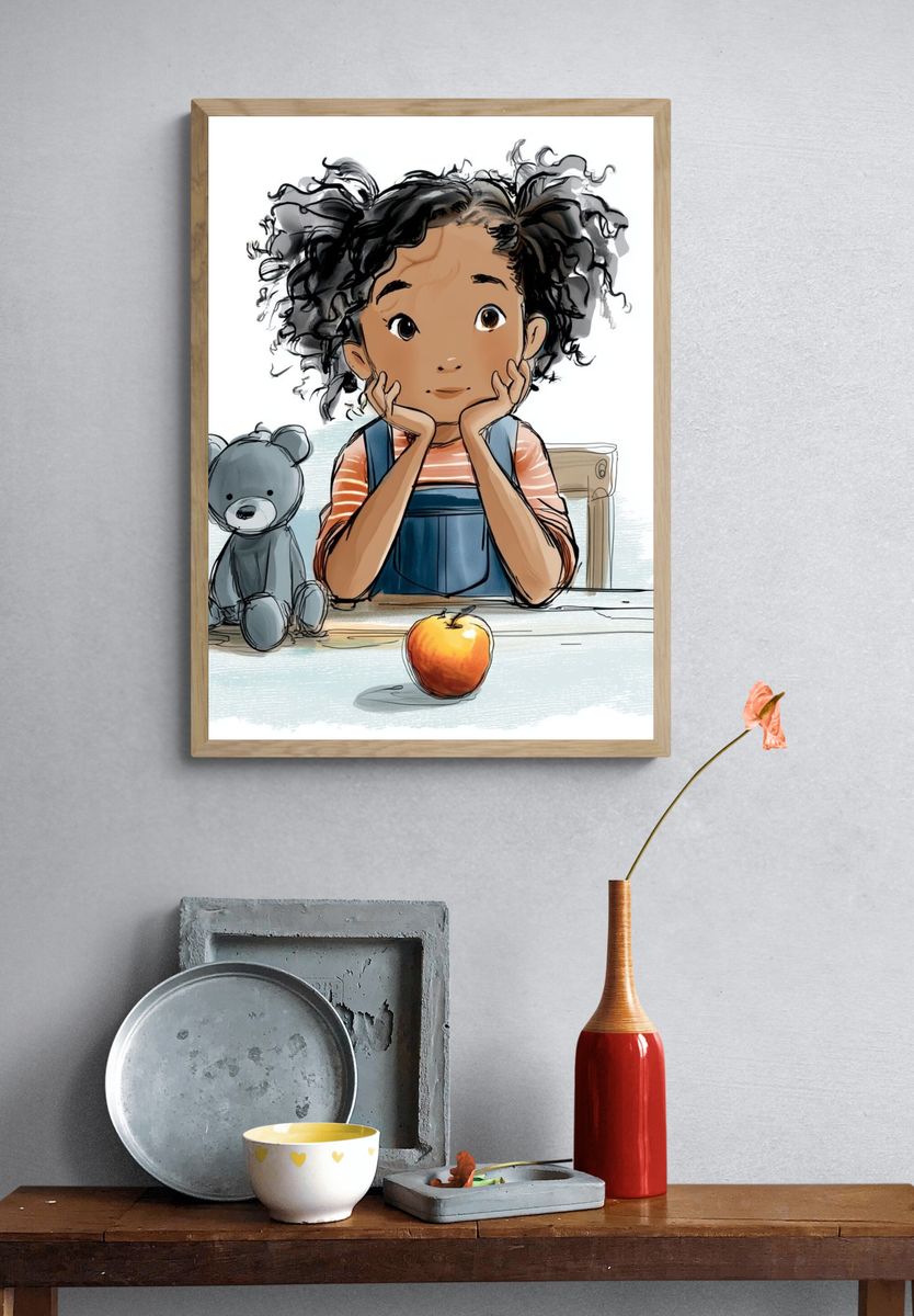 Thoughtful Girl with Teddy Bear — Illustration Print. — room view 3