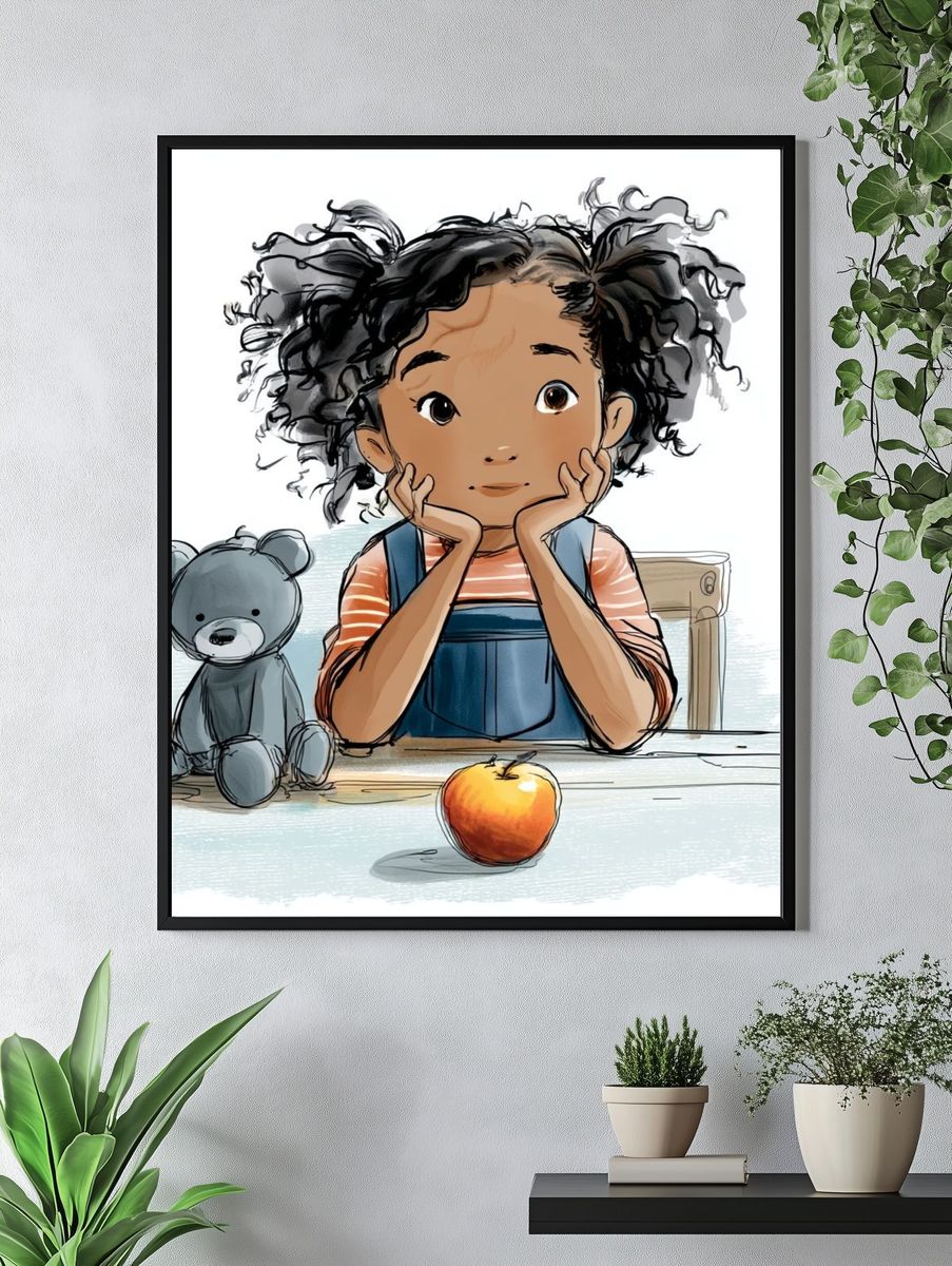Thoughtful Girl with Teddy Bear — Illustration Print. — room view 4