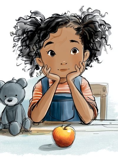 Thoughtful Girl with Teddy Bear — Illustration Print. poster print