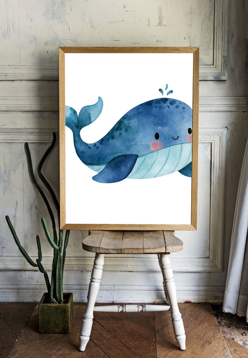 Cute Blue Whale Watercolor Print. — room view 1