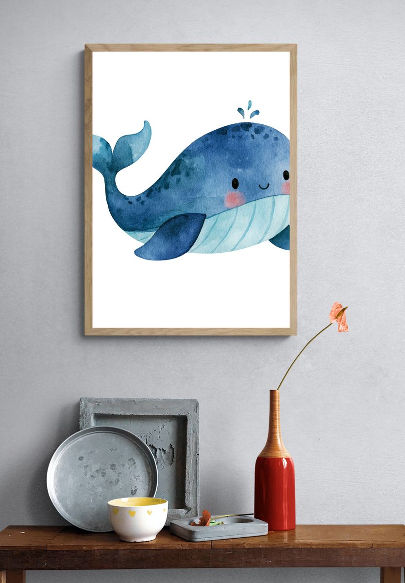 Cute Blue Whale Watercolor Print. — room view 3