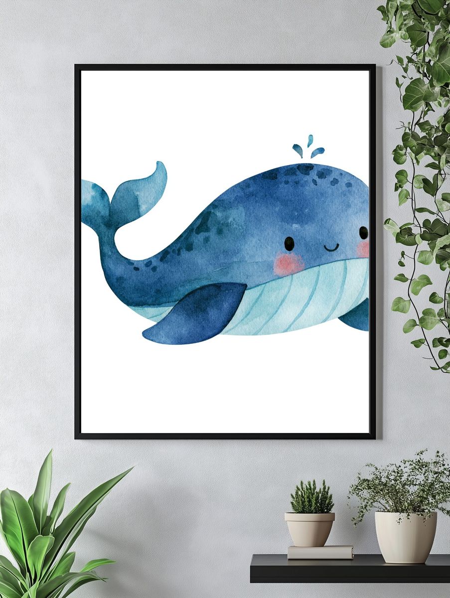Cute Blue Whale Watercolor Print. — room view 4