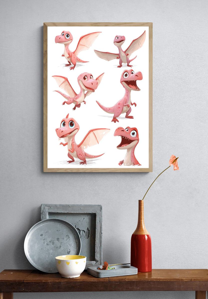 Pink Baby Dragon Cartoon Print. — room view 3