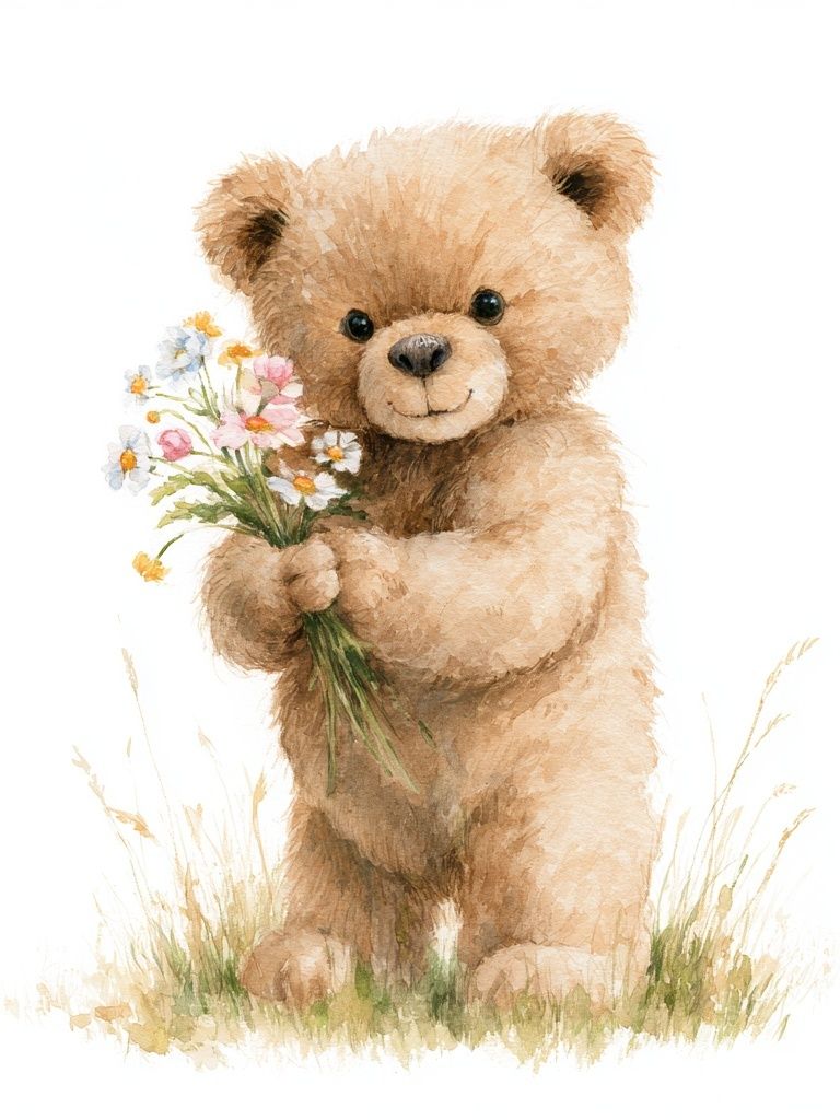 Teddy Bear with Flowers Illustration Poster. poster detail