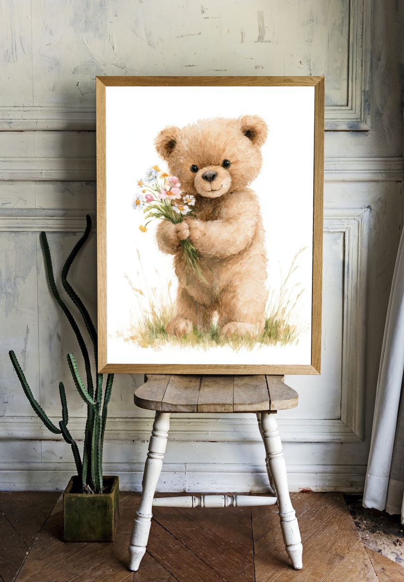 Teddy Bear with Flowers Illustration Poster. room preview
