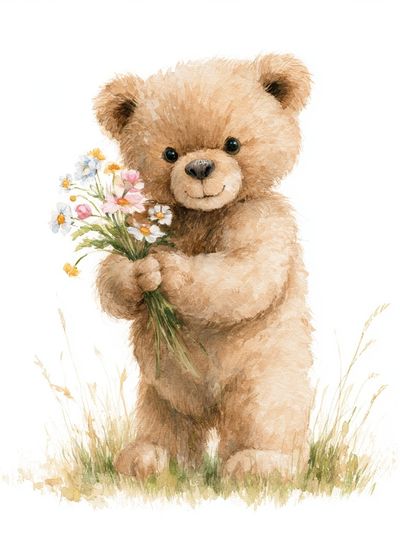 Teddy Bear with Flowers Illustration Poster.