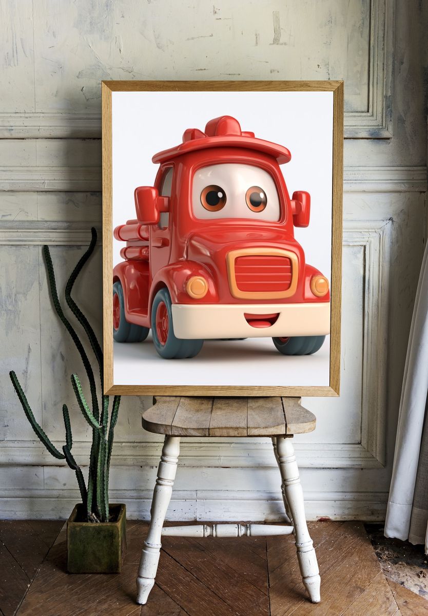 Smiling Red Fire Truck Illustration Poster. — room view 1