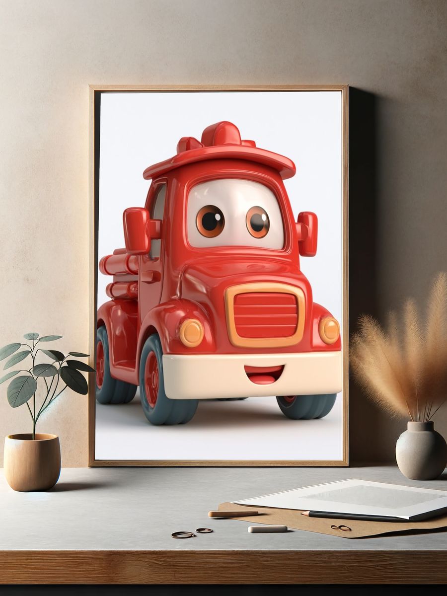 Smiling Red Fire Truck Illustration Poster. — room view 2