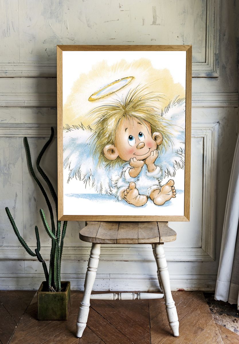 Cute Angel Child Watercolor Print. — room view 1