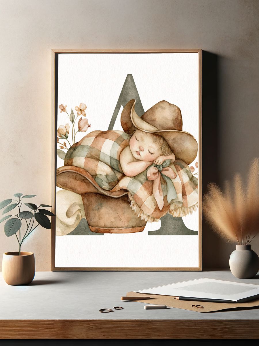 Sleeping Cowboy Baby Illustration Print. — room view 2
