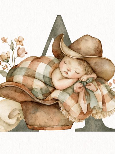 Sleeping Cowboy Baby Illustration Print. poster