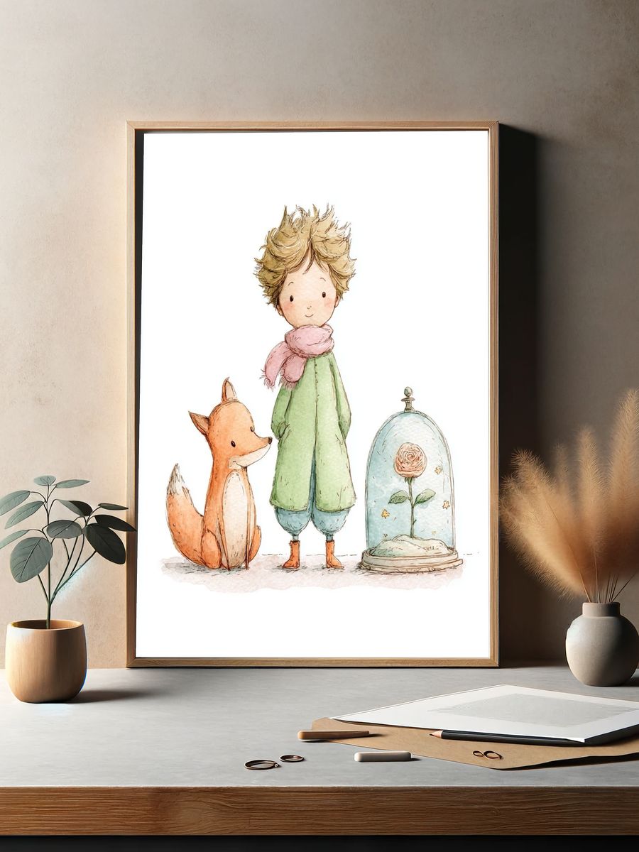 Whimsical Boy and Fox — Illustration Print. — room view 2