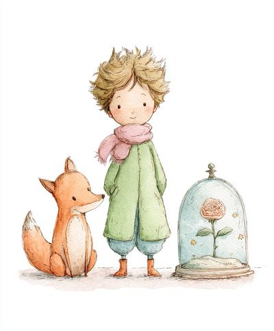 Whimsical Boy and Fox — Illustration Print. poster print