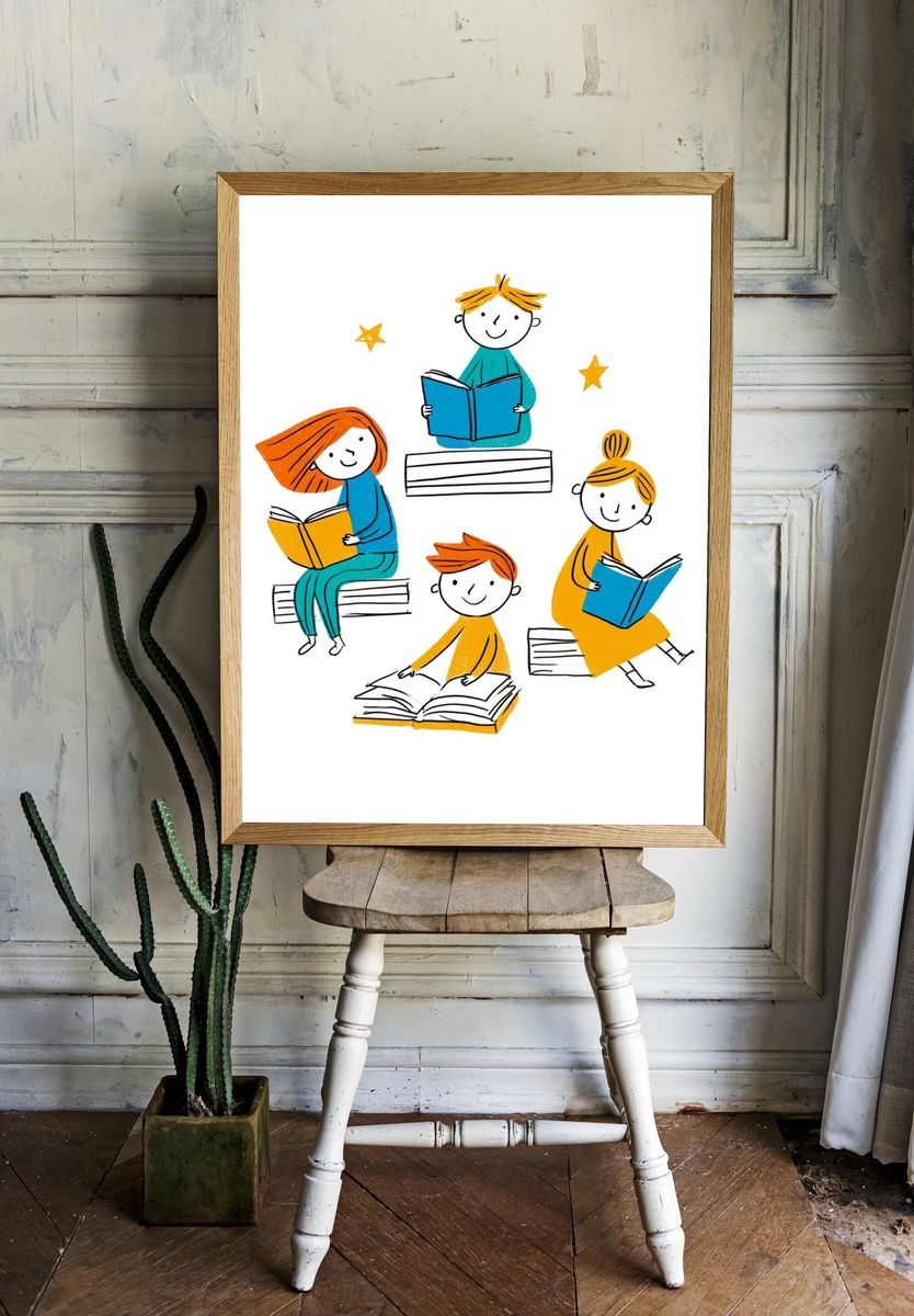 Children Reading Illustration Poster. — room view 1