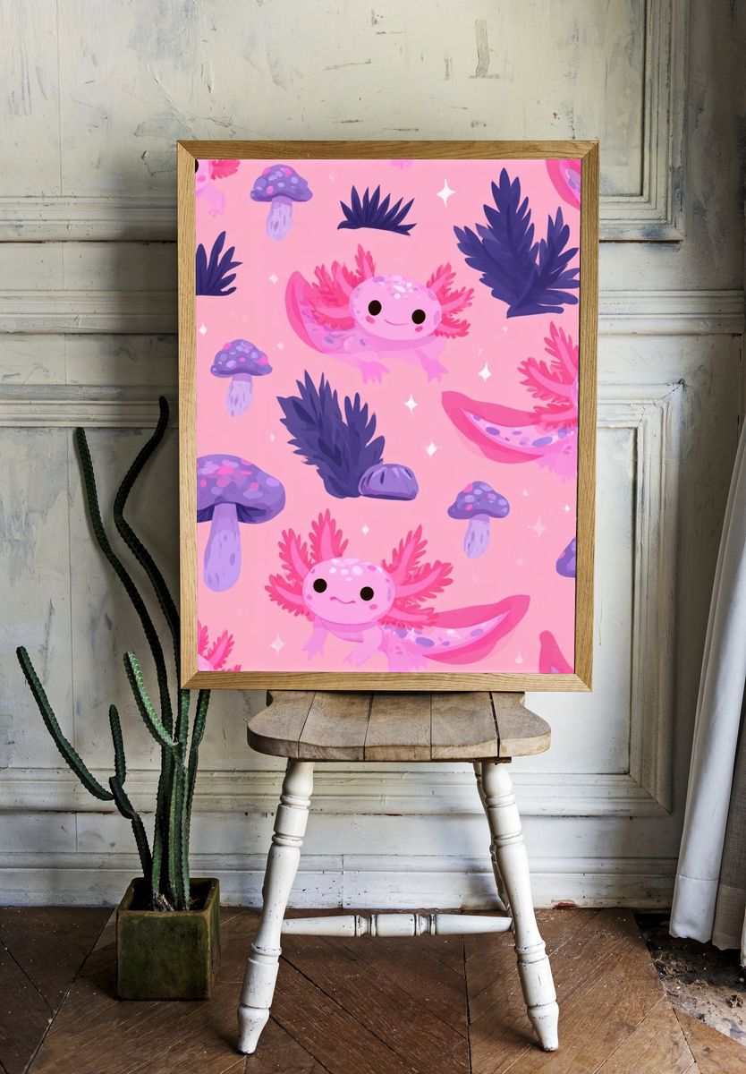 Axolotl Mushroom Pattern Poster. — room view 1