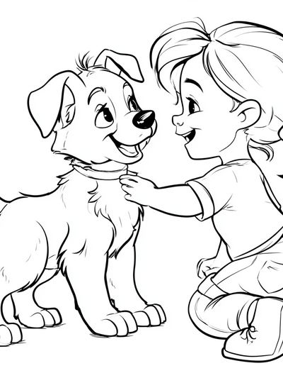 Girl and Puppy Line Art Poster.