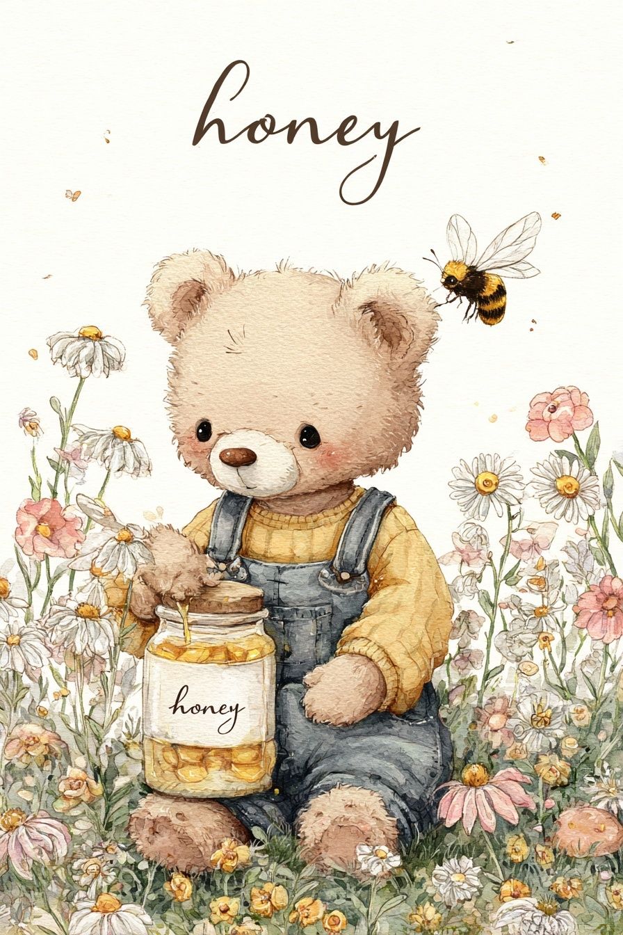 Cute Bear with Honey — Illustration Print. poster detail