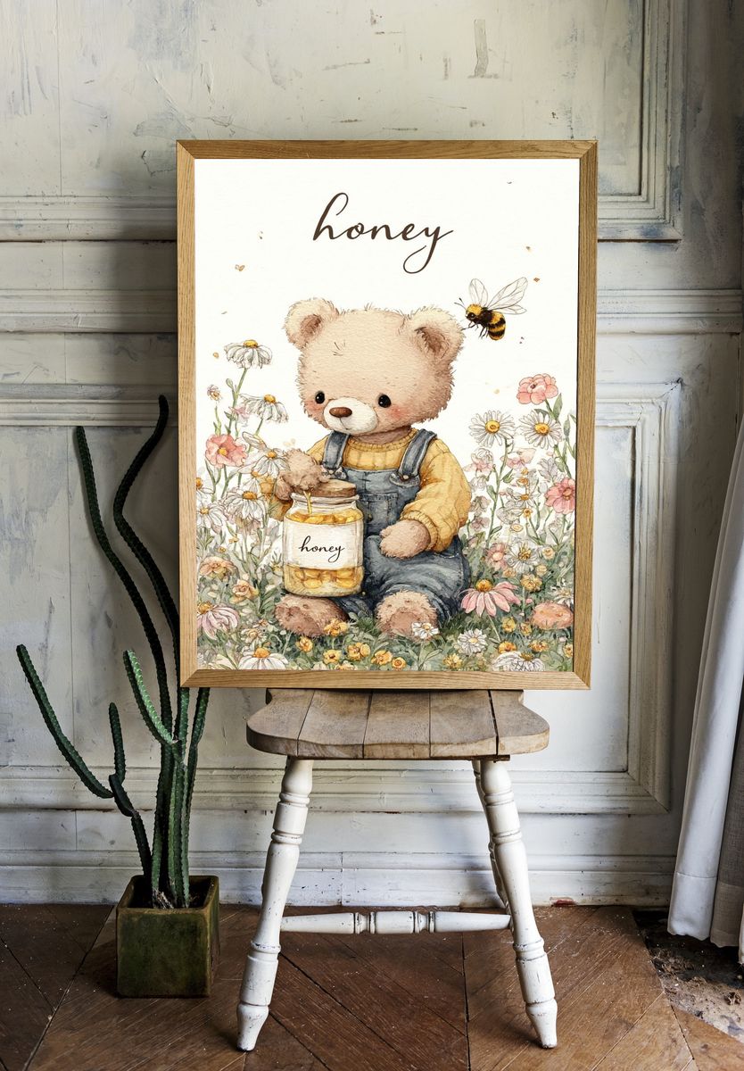Cute Bear with Honey — Illustration Print. — room view 1