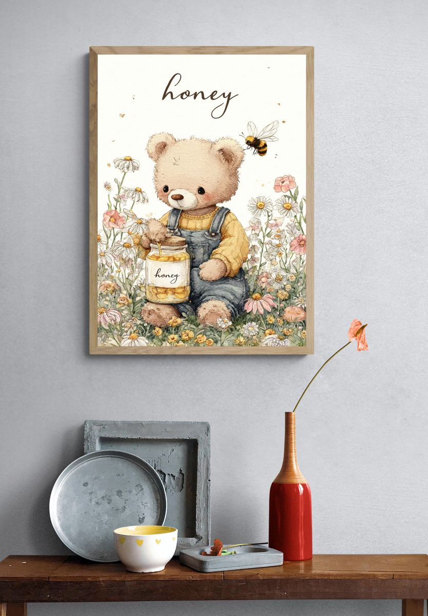Cute Bear with Honey — Illustration Print. — room view 3