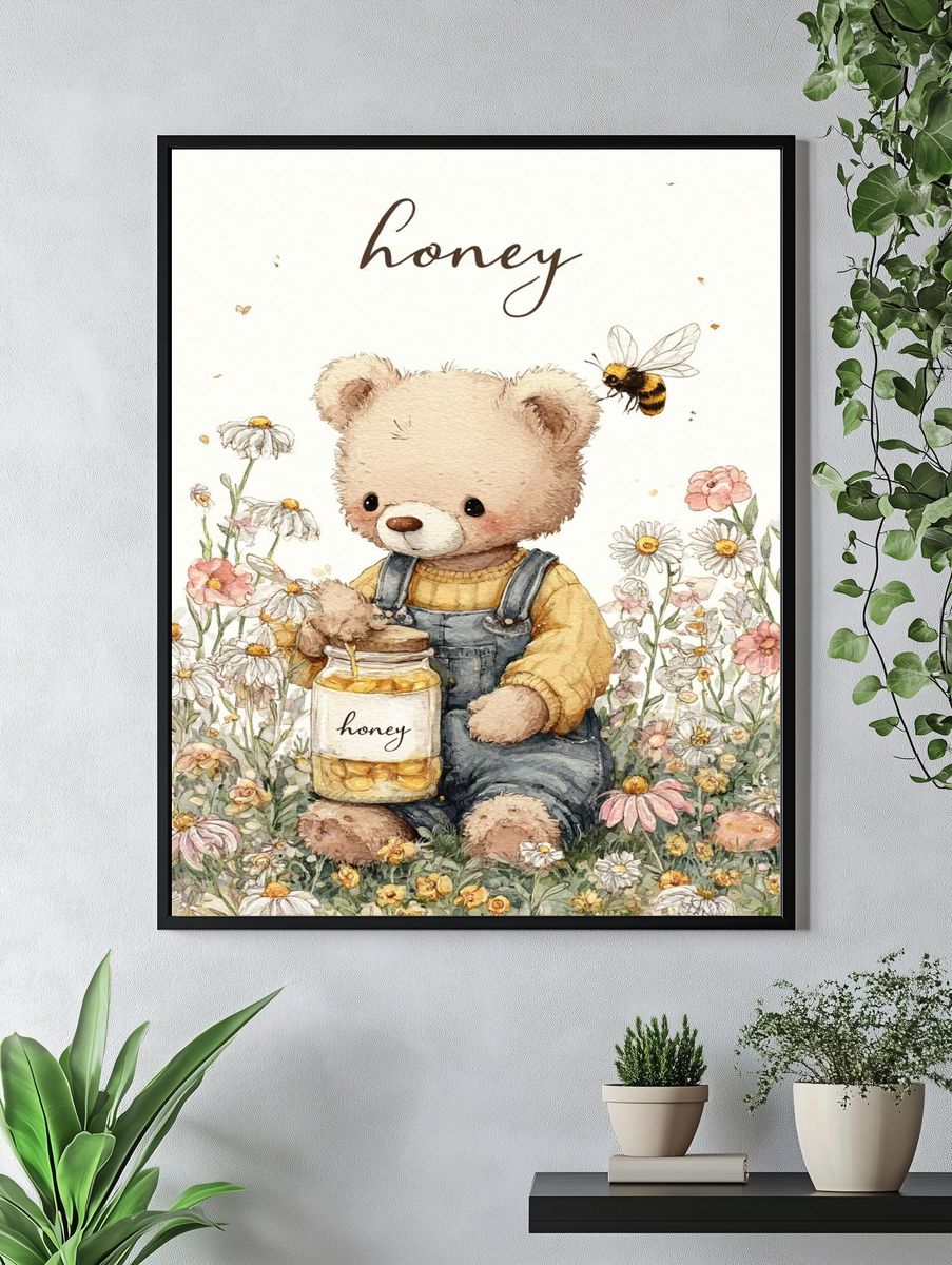 Cute Bear with Honey — Illustration Print. — room view 4