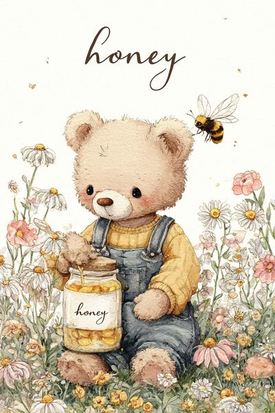 Cute Bear with Honey — Illustration Print. poster print