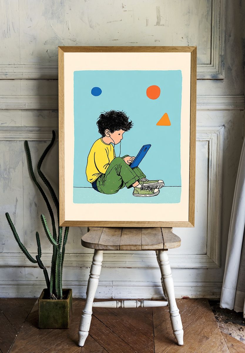 Child with Tablet — Illustration Print. — room view 1