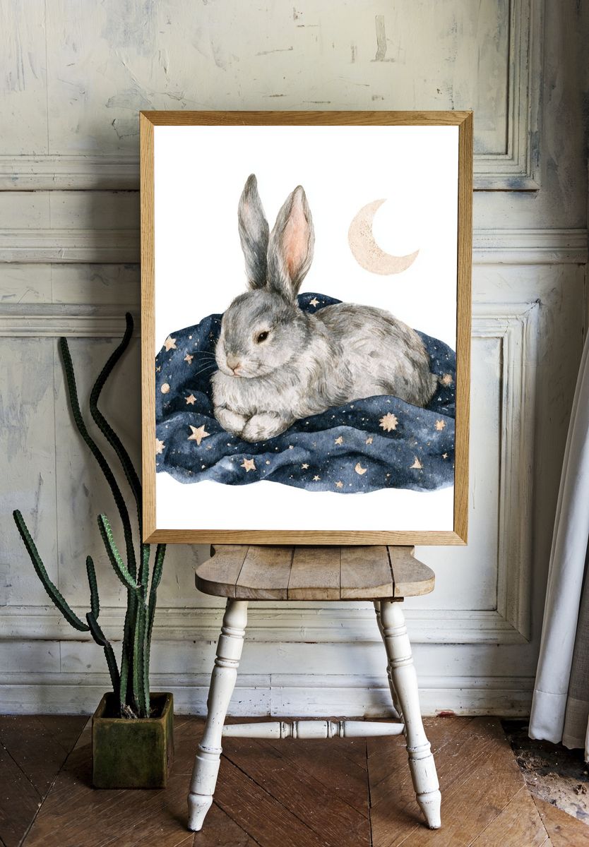 Moonlit Rabbit Nursery Print. room preview