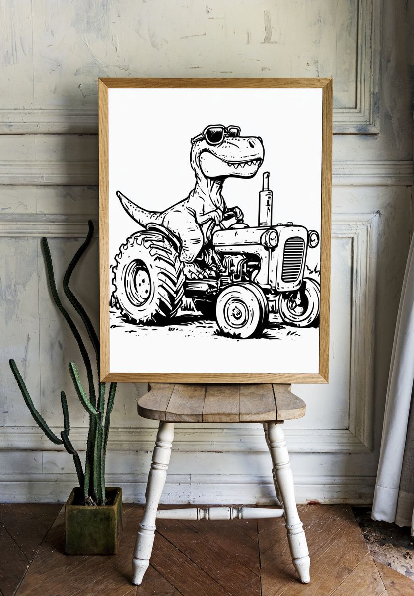 Cool Dino Tractor Illustration Poster. — room view 1