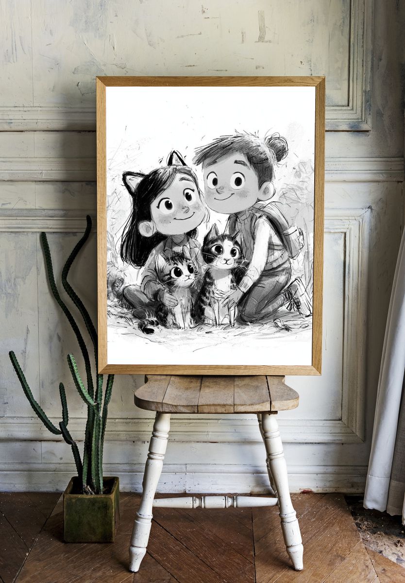Cat-Loving Kids Illustration Poster. — room view 1