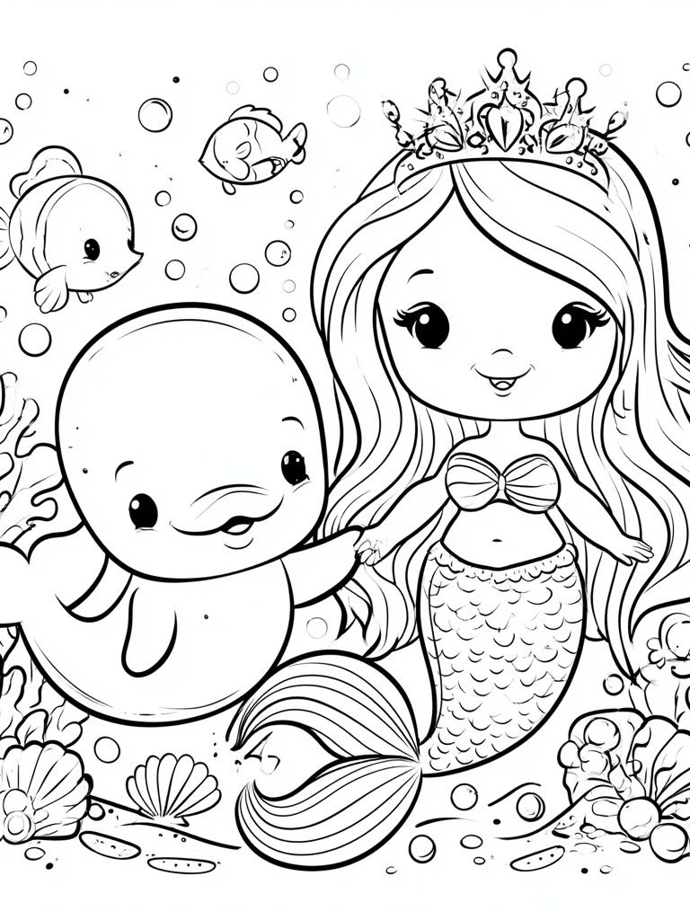 Cute Mermaid and Dolphin Coloring Poster. poster — kids art
