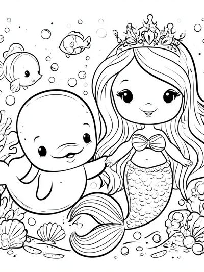 Cute Mermaid and Dolphin Coloring Poster. poster