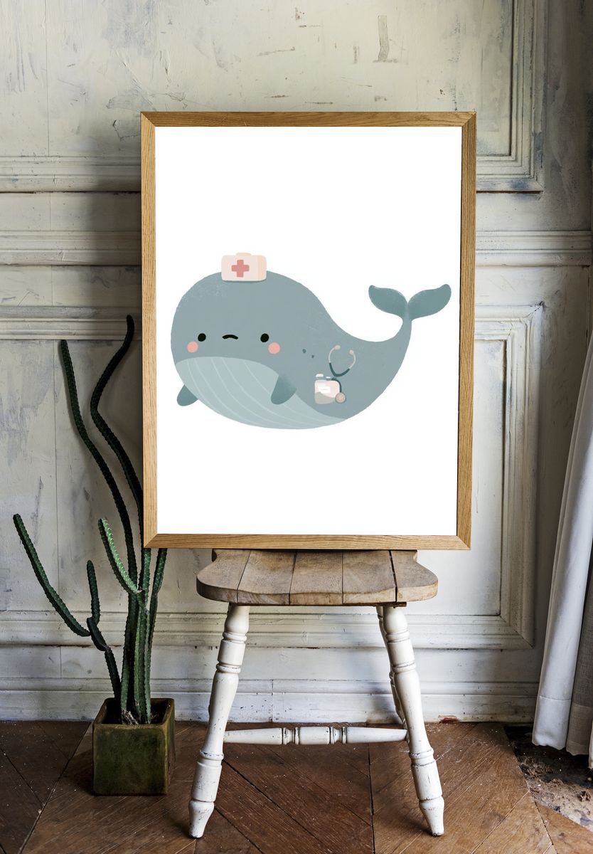 Nurse Whale Nursery Print. room preview
