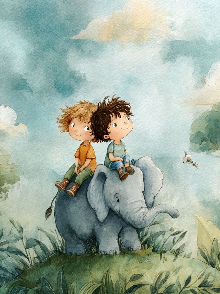 Two Boys on an Elephant — Watercolor Print. poster detail