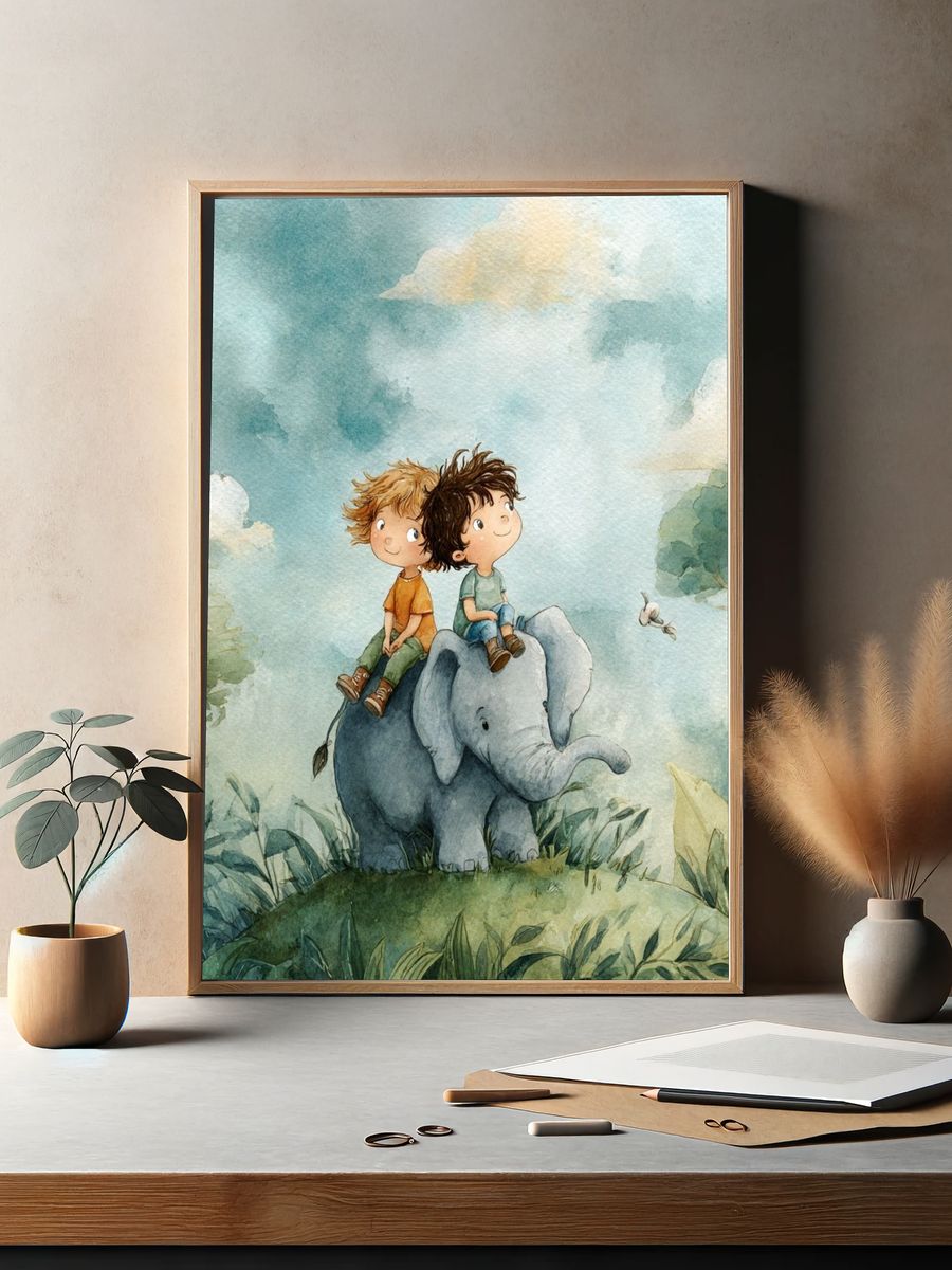 Two Boys on an Elephant — Watercolor Print. — room view 2