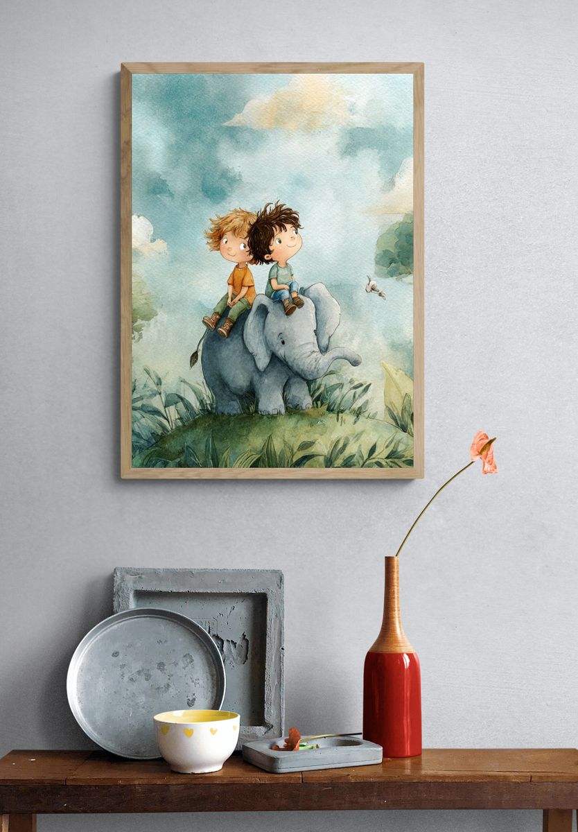 Two Boys on an Elephant — Watercolor Print. — room view 3
