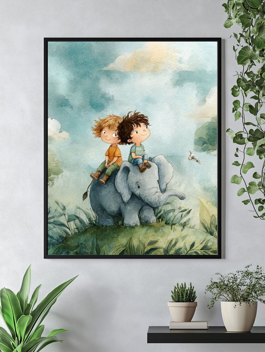 Two Boys on an Elephant — Watercolor Print. — room view 4