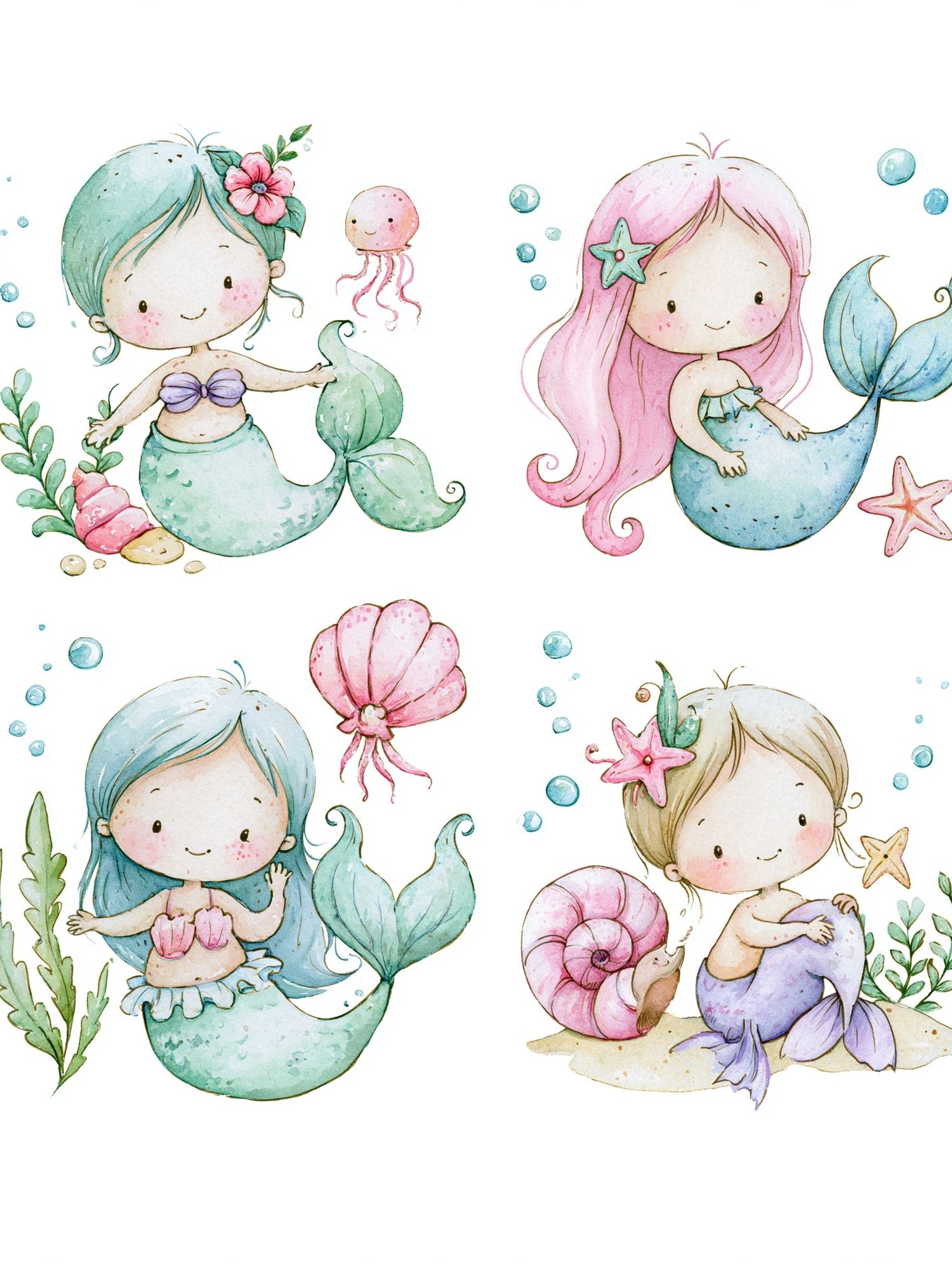 Cute Mermaid Quartet Watercolor Poster. poster detail