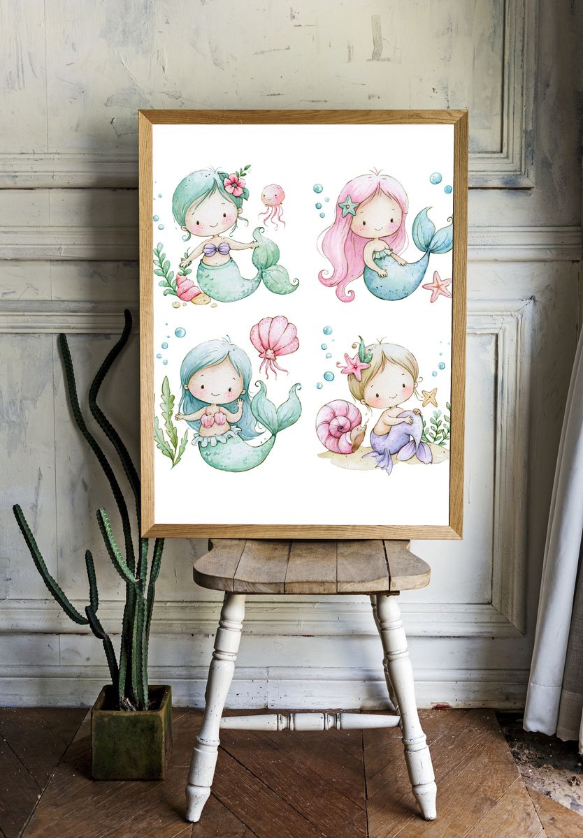 Cute Mermaid Quartet Watercolor Poster. — room view 1