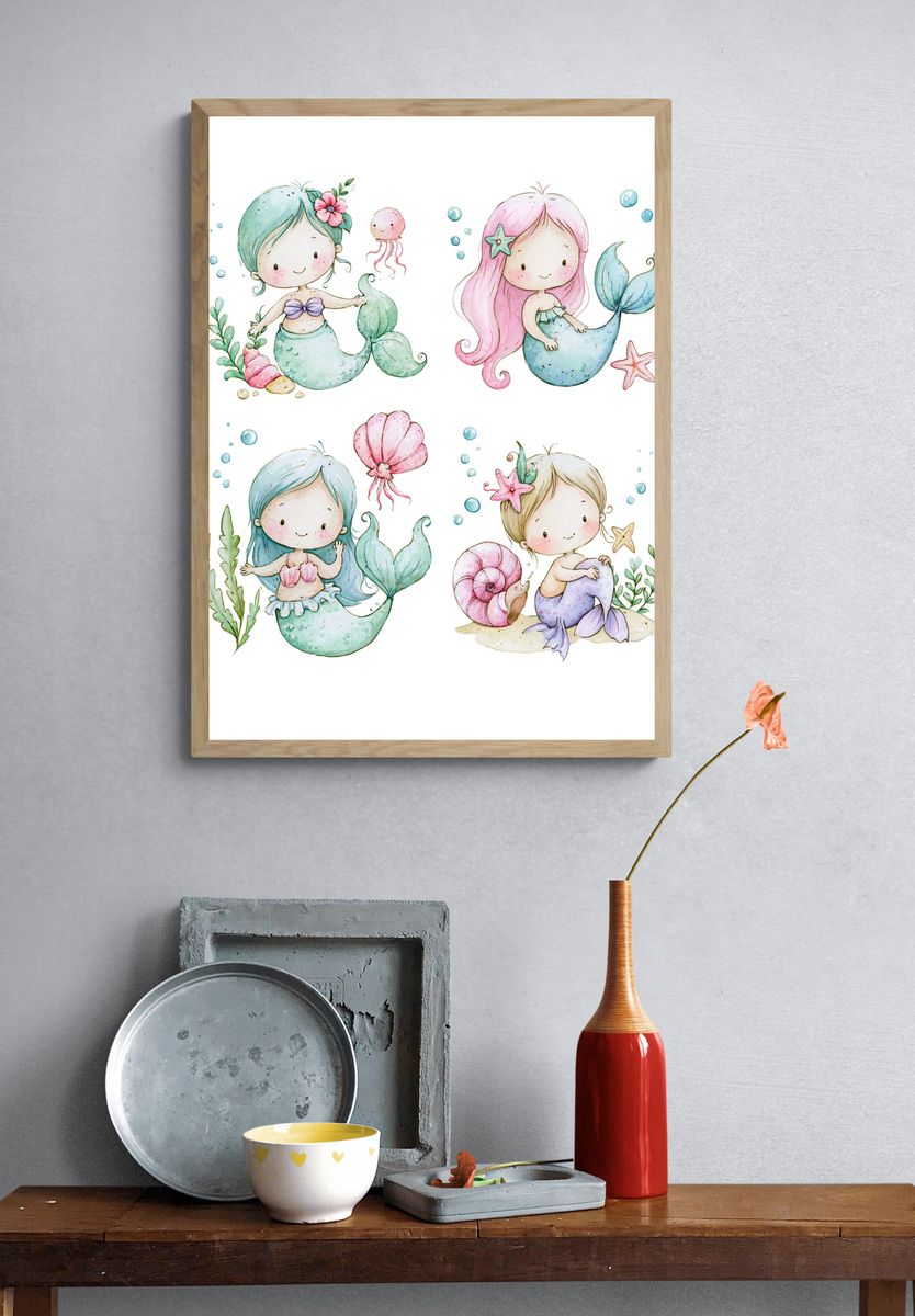Cute Mermaid Quartet Watercolor Poster. — room view 3