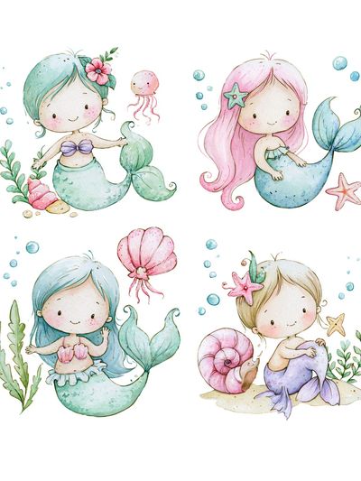 Cute Mermaid Quartet Watercolor Poster. poster print