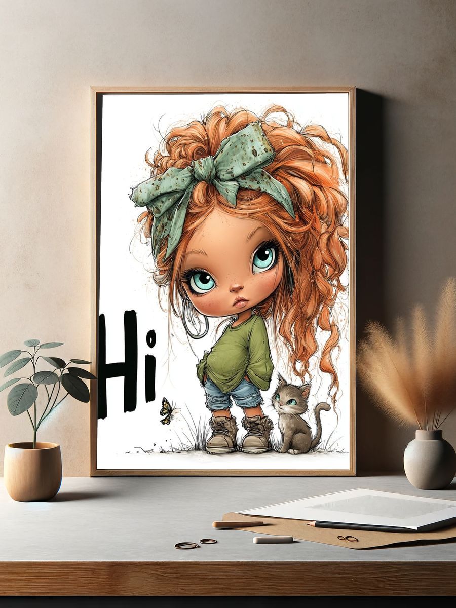 Cute Girl and Cat Typography Poster. — room view 2
