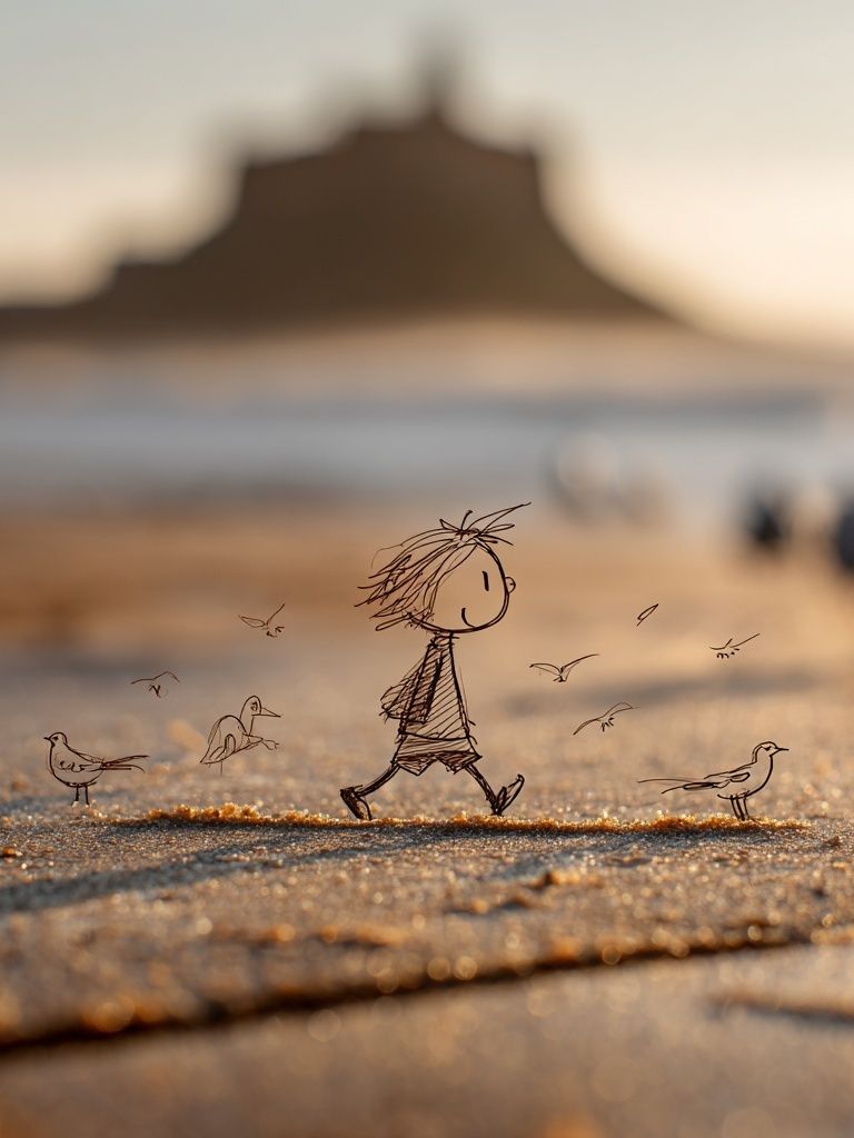 Child Walking on Beach — Illustration Print. poster — illustration art